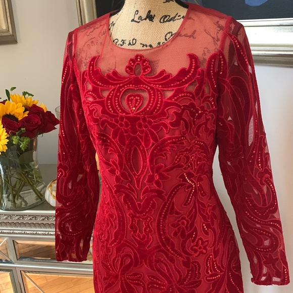 MARCHESA Notte Designer Velvet Sequin long sleeve dress red 6 8 sheer - Picture 2 of 11